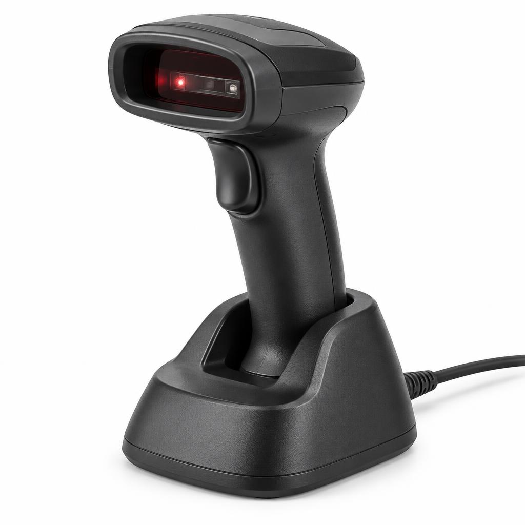 Handheld barcode scanner with stand on a white background