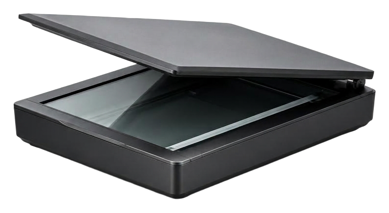 Complete flatbed document scanner on a clean white studio background