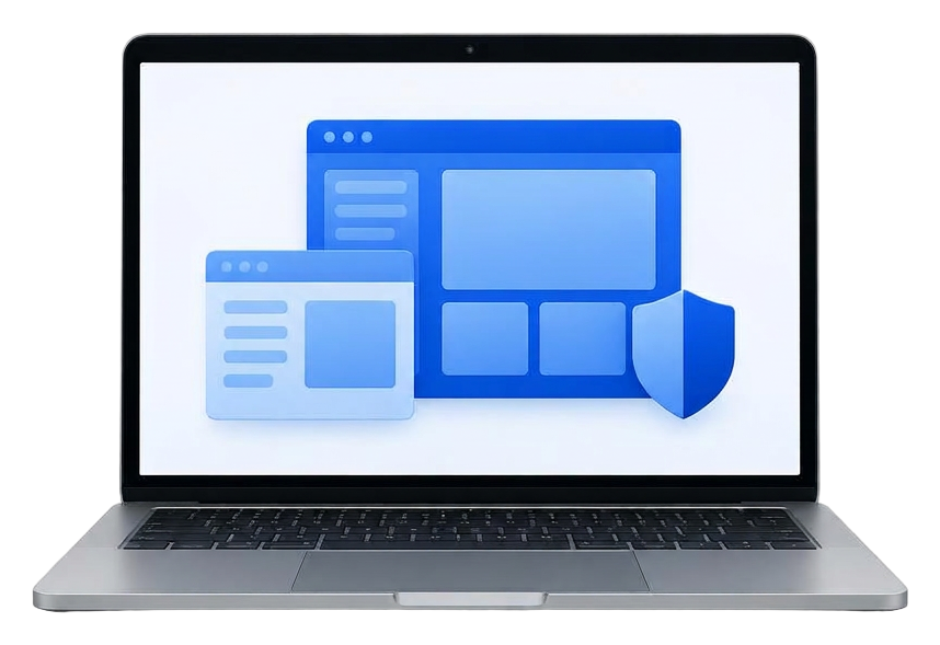 Complete laptop displaying abstract business software on a white studio background