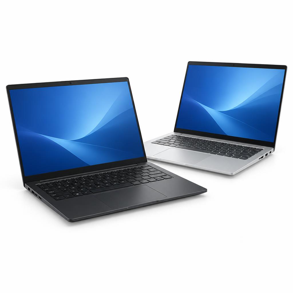 Black and silver business laptops on a white background