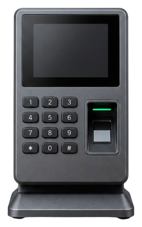 Complete fingerprint attendance terminal on a red studio background