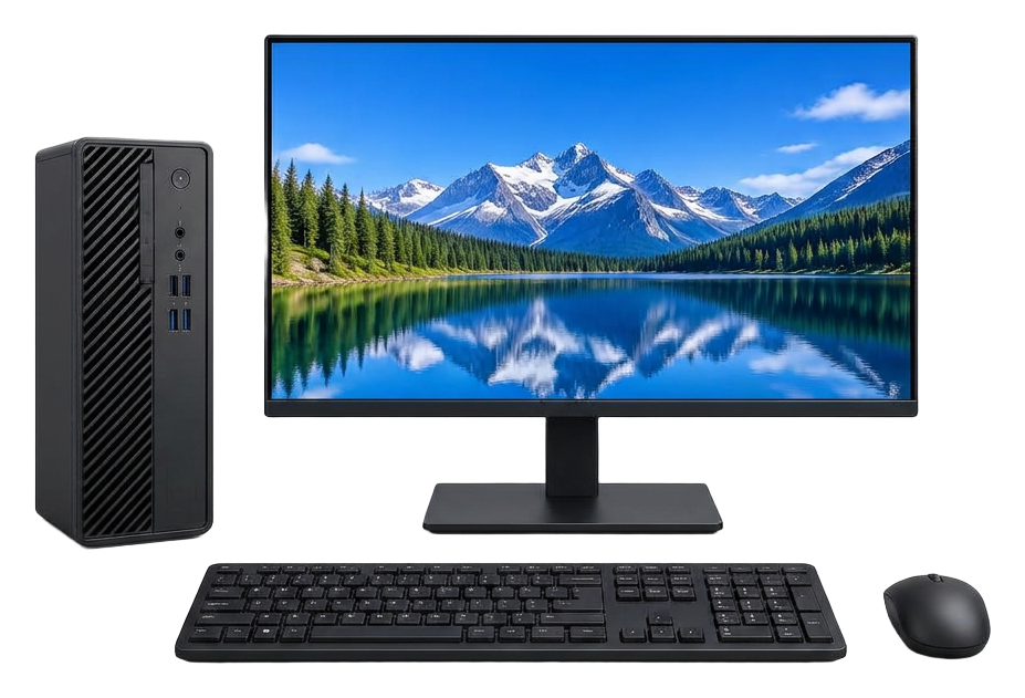 Complete desktop computer, monitor, keyboard and mouse on a blue studio background