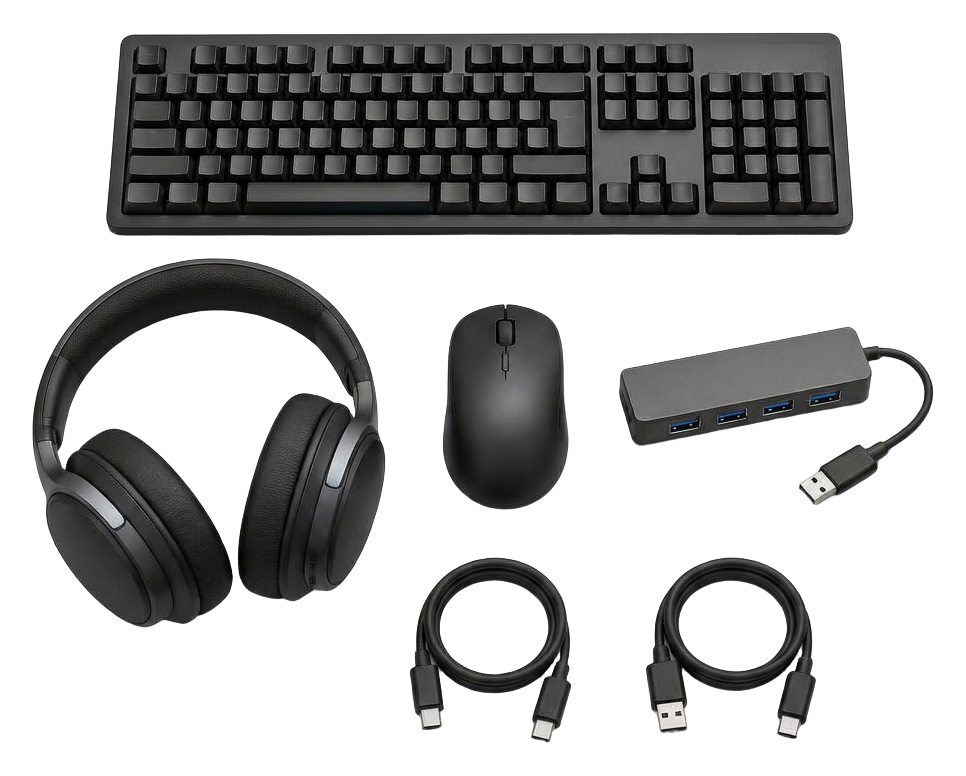 Keyboard, mouse, headset, USB hub and cables on a yellow studio background