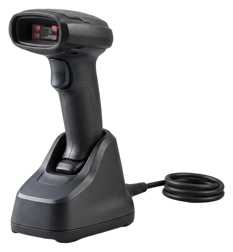 Complete barcode scanner and cradle on a black studio background