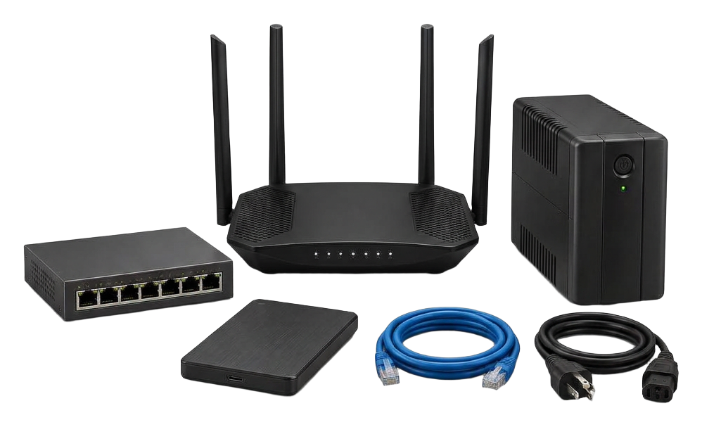 Router, backup power unit, network switch, drive and cables on a red studio background