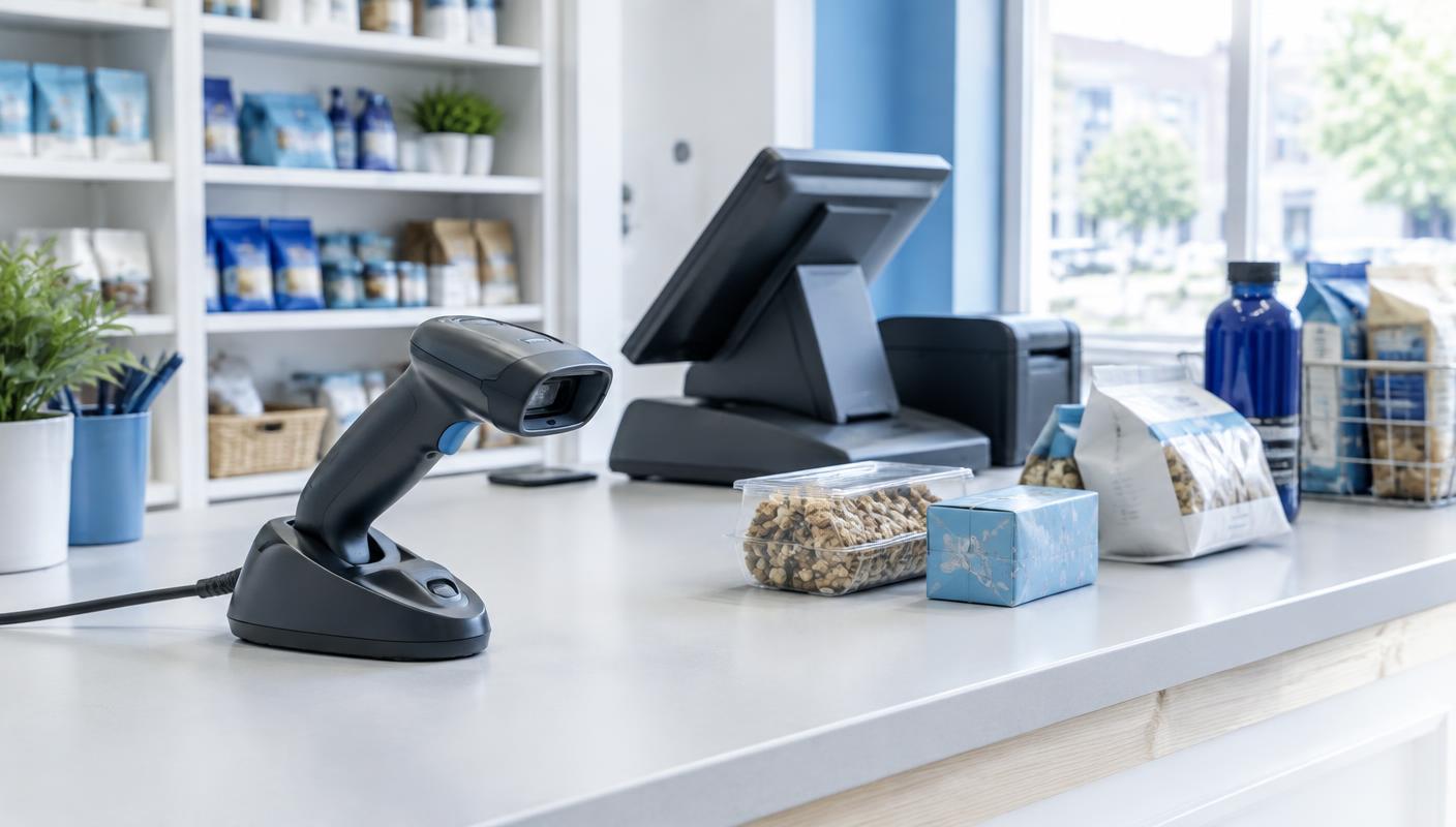 Handheld barcode scanner on a bright shop billing counter