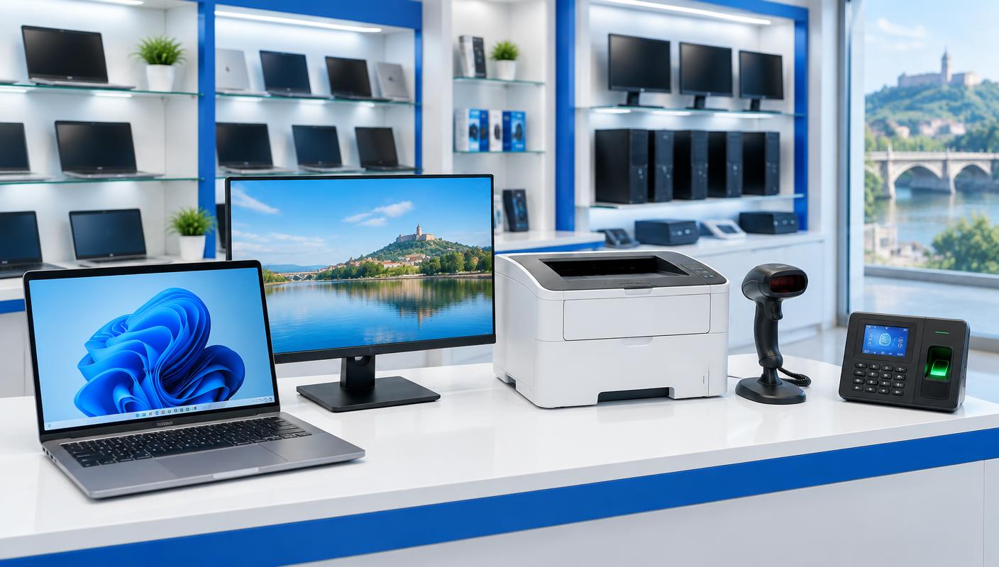 Laptop, monitor, printer, barcode scanner and attendance device in an IT showroom