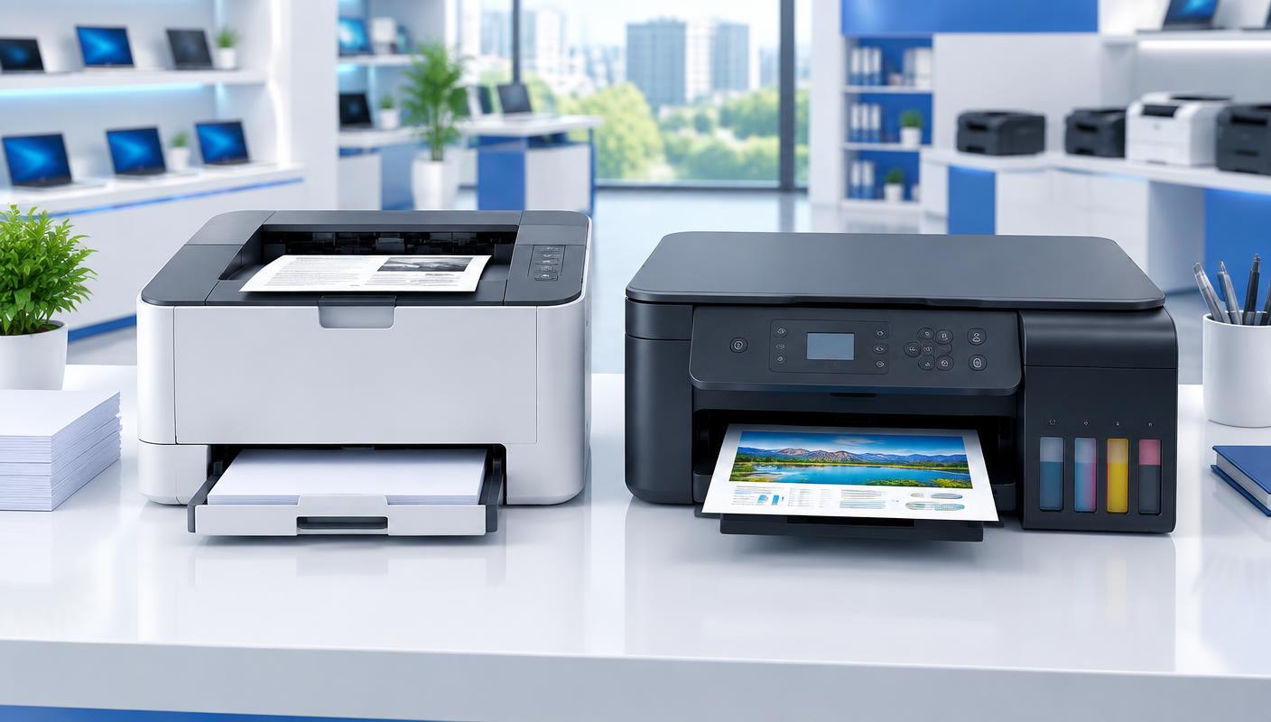 Laser and ink-tank printers in a bright technology showroom