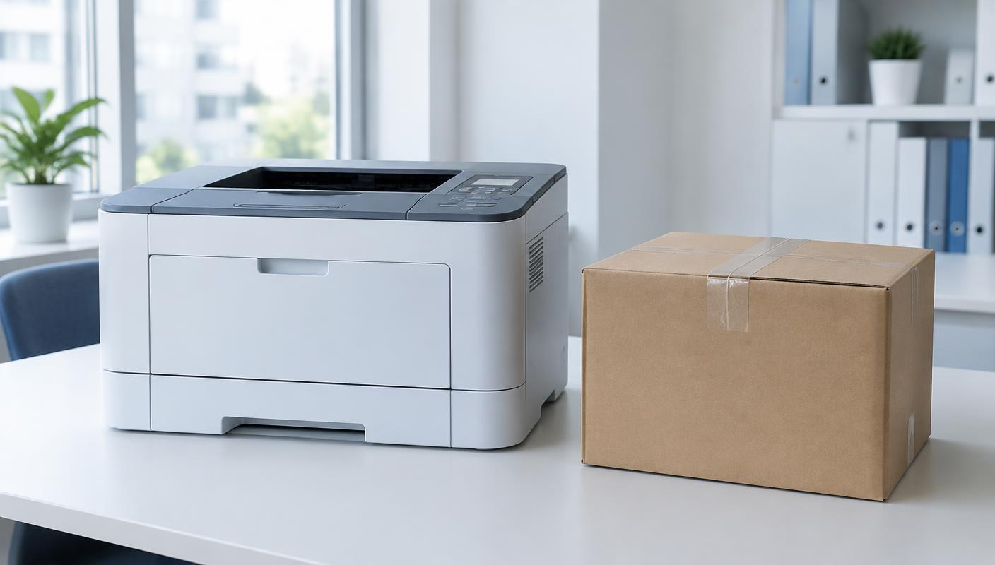 Office laser printer next to a packed delivery box