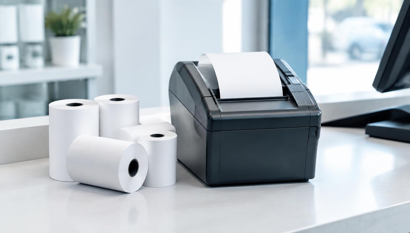 Thermal receipt printer beside several paper rolls on a shop counter