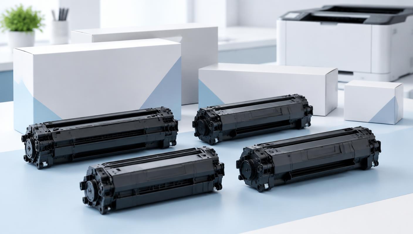 Black laser toner cartridges arranged on a clean technical workbench